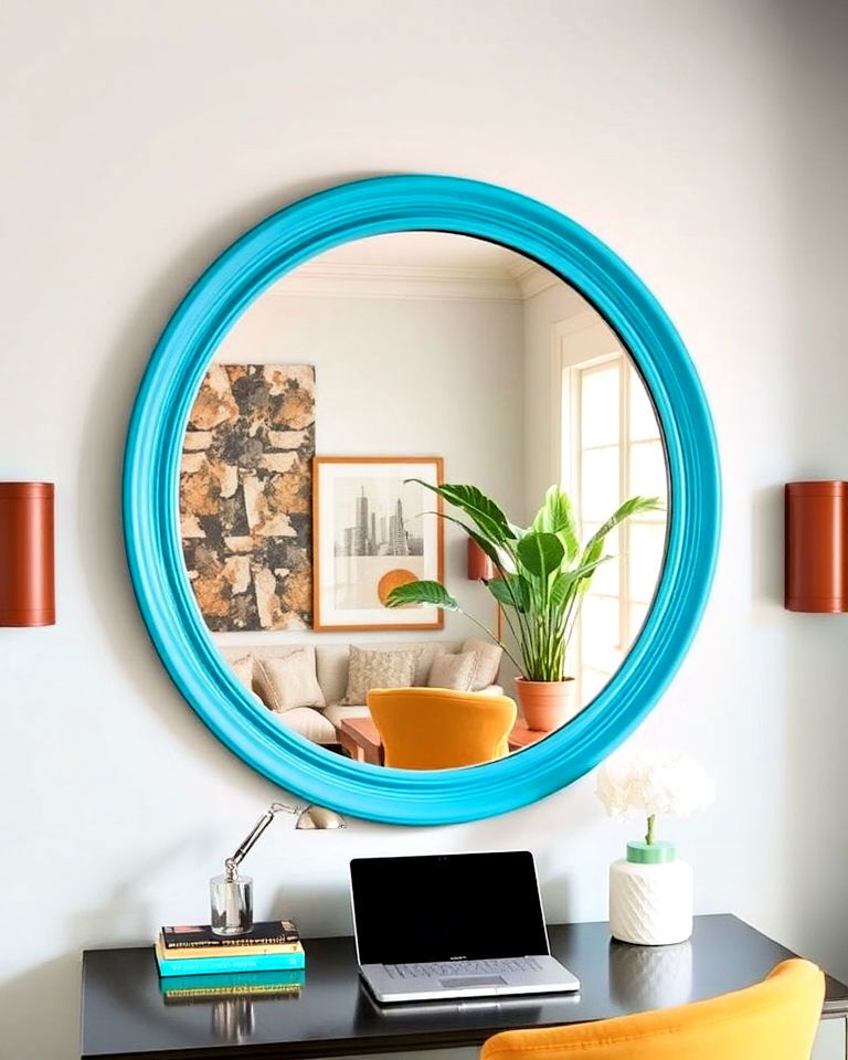 bold framed mirror in a colorful design - 30 Colorful Home Office Ideas