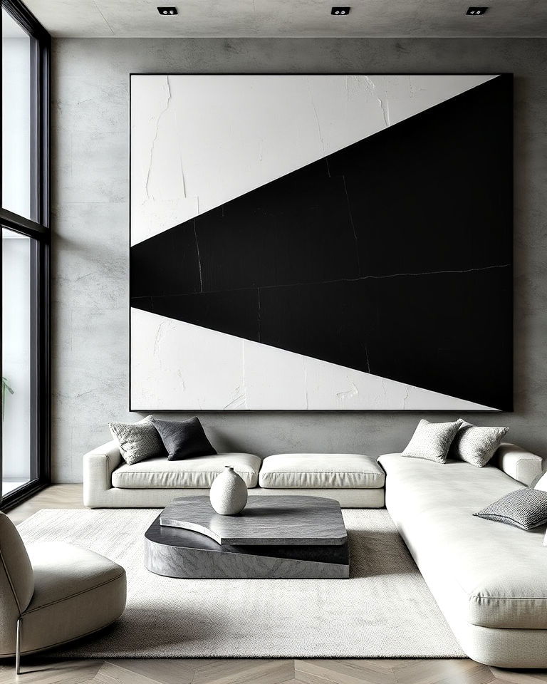 bold geometric art pieces enhance the brutalist aesthetic - 15 Brutalism Interior Design Ideas
