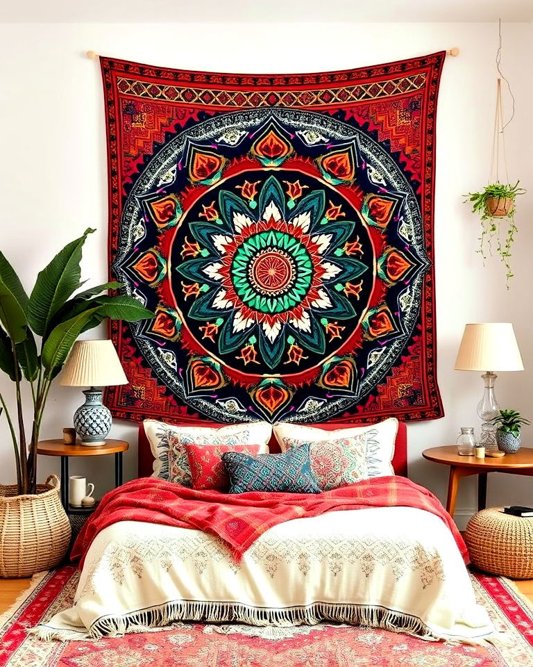 bold patterned tapestry for a bohemian bedroom - 25 Bohemian Eclectic Interior Design Ideas