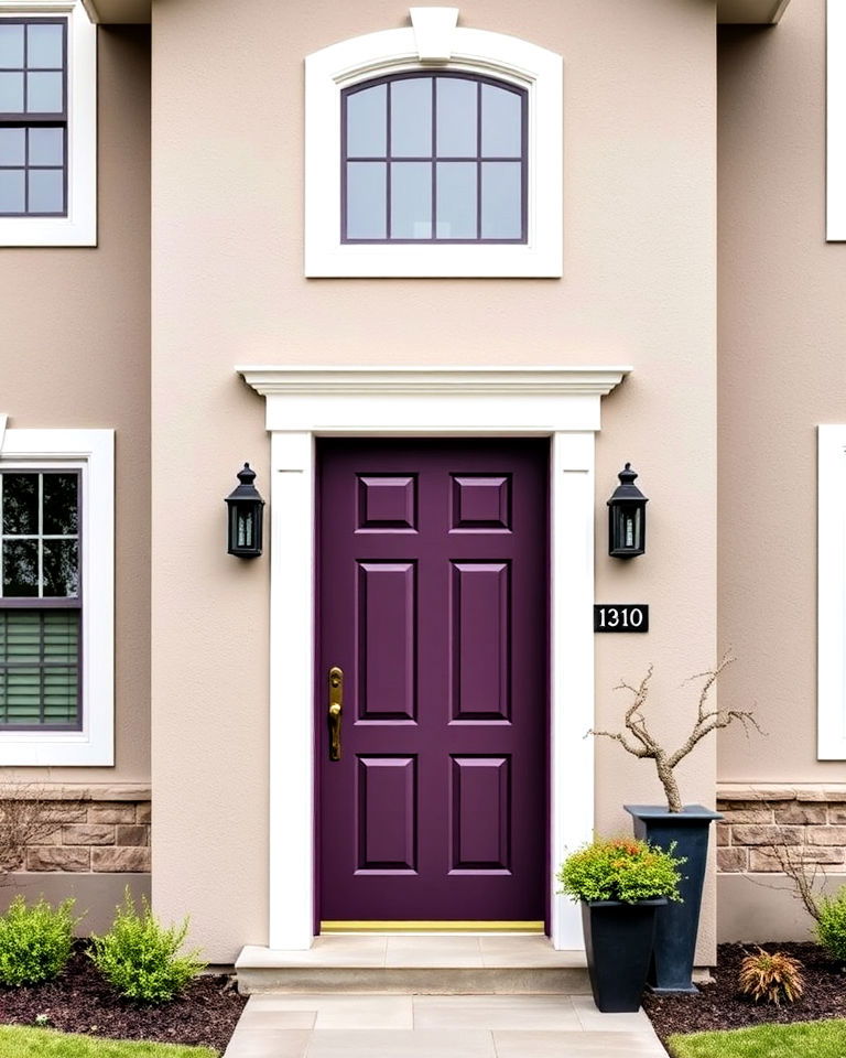 bold purple against neutral exteriors - 15 Dark Purple Front Door Ideas