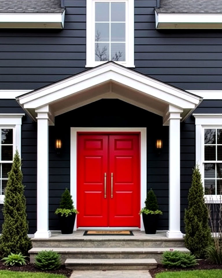 bold red door and bright on dark siding - 25 Red Front Door Ideas