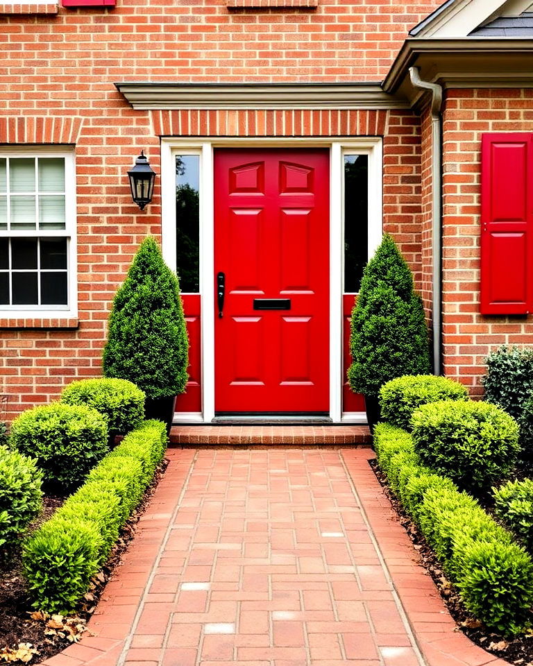 bold red front door with a brick pathway - 25 Red Front Door Ideas