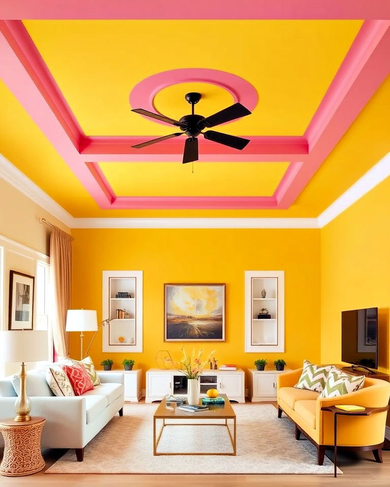 bold statement paint a yellow and pink ceiling - 25 How to Decorate With Yellow and Pink-captions