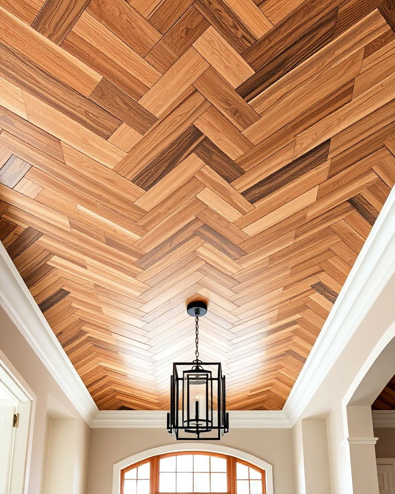 bold statement with a herringbone wood plank ceiling - 15 Wood Plank Ceiling Ideas