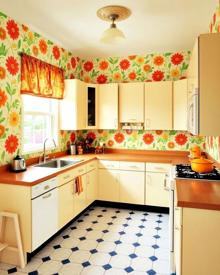 bold wallpaper patterns in 1960s kitchen - 15 1960s Kitchen Ideas