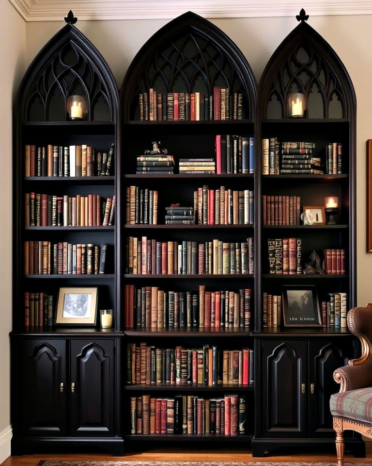 bookshelves with gothic details - 25 Gothic Interior Design Ideas