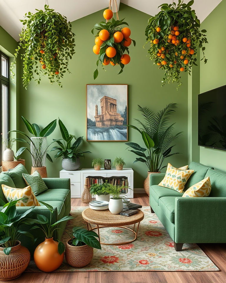 botanical inspired living room with citrus themed decor - 25 Green and Orange Living Room Ideas