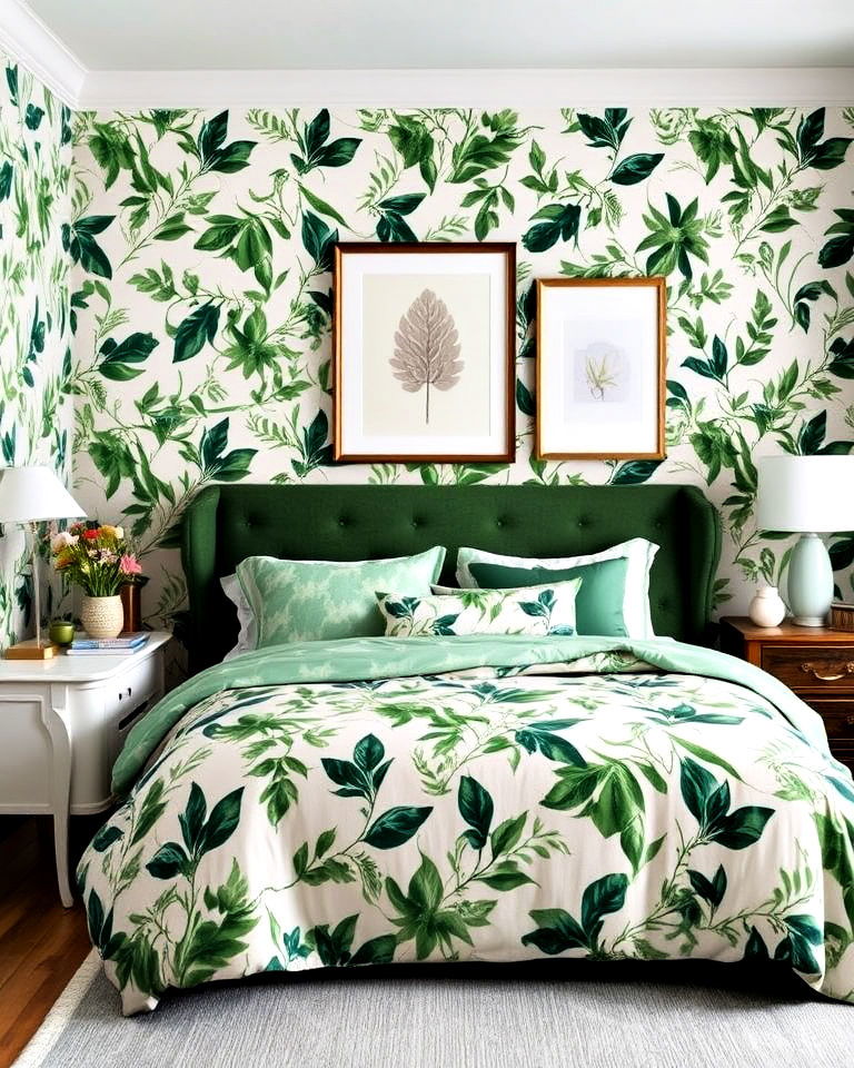 botanical prints and patterns bedroom - 15 Jade Green Bedroom Ideas