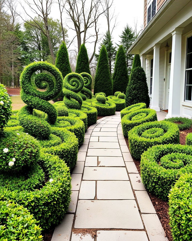 boxwood spiral walkway columns - 20 Front Yard Boxwood Designs