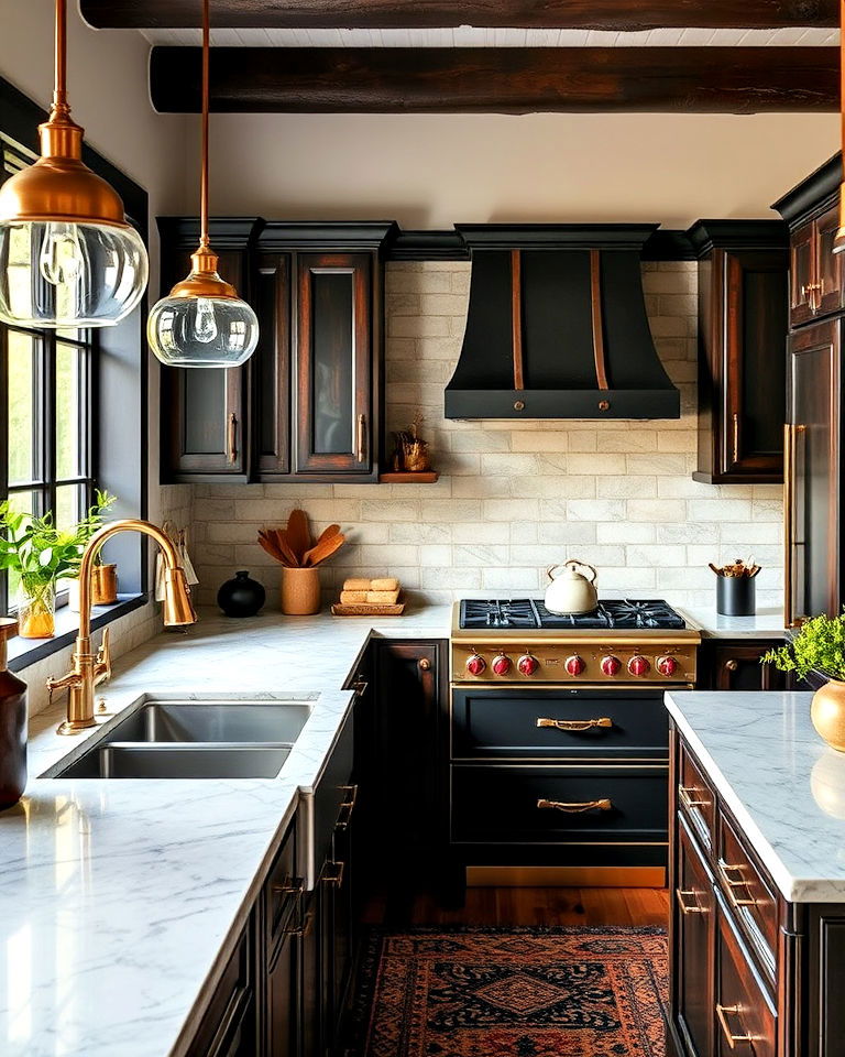 brass accents dark academia kitchen - 25 Dark Academia Kitchen Ideas