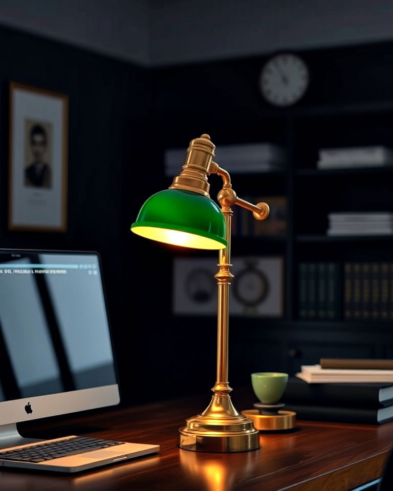 brass desk lamp with warm light - 20 Dark Academia Home Office Ideas