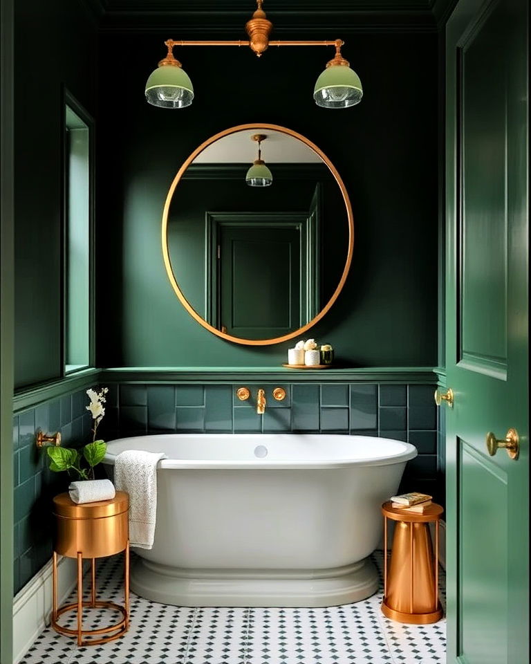 brass elements to a dark green bathroom - 25 Dark Green Bathroom Ideas