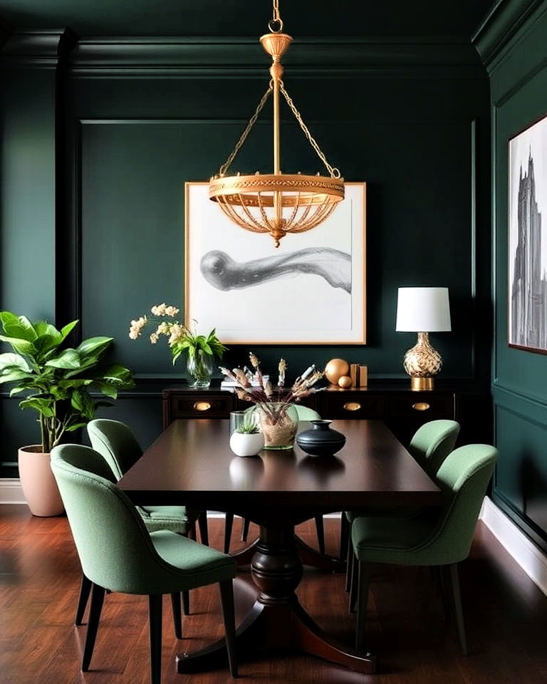 brass lighting fixtures for dark green dining room - 20 Dark Green Dining Room Ideas