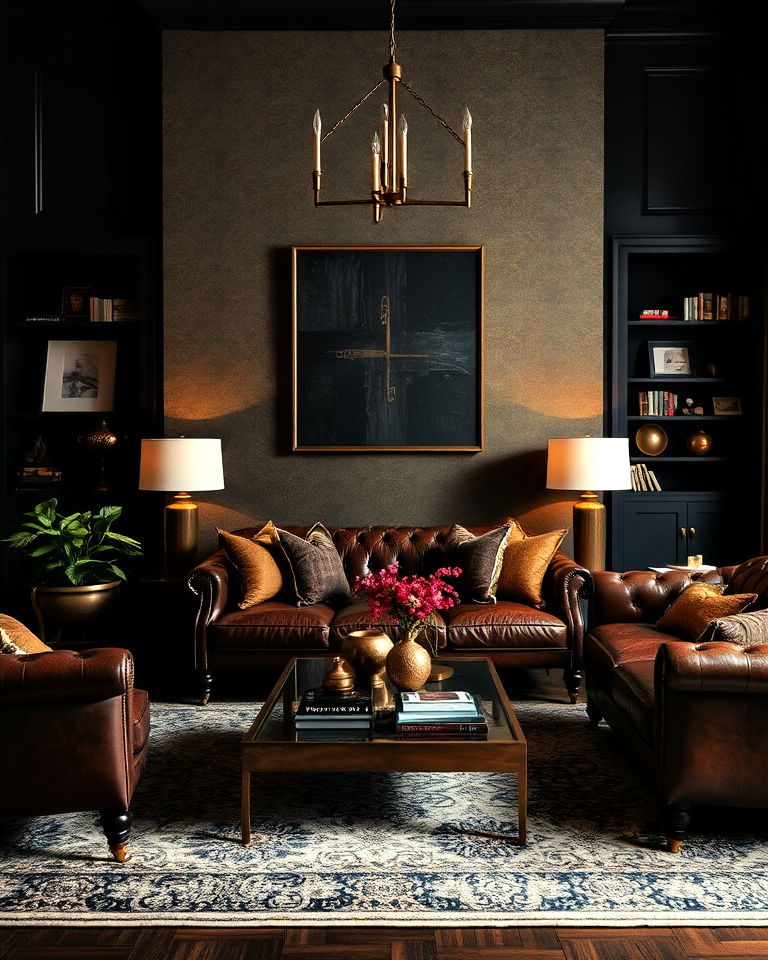 brass or bronze accents living room - 25 Dark Academia Living Room Ideas