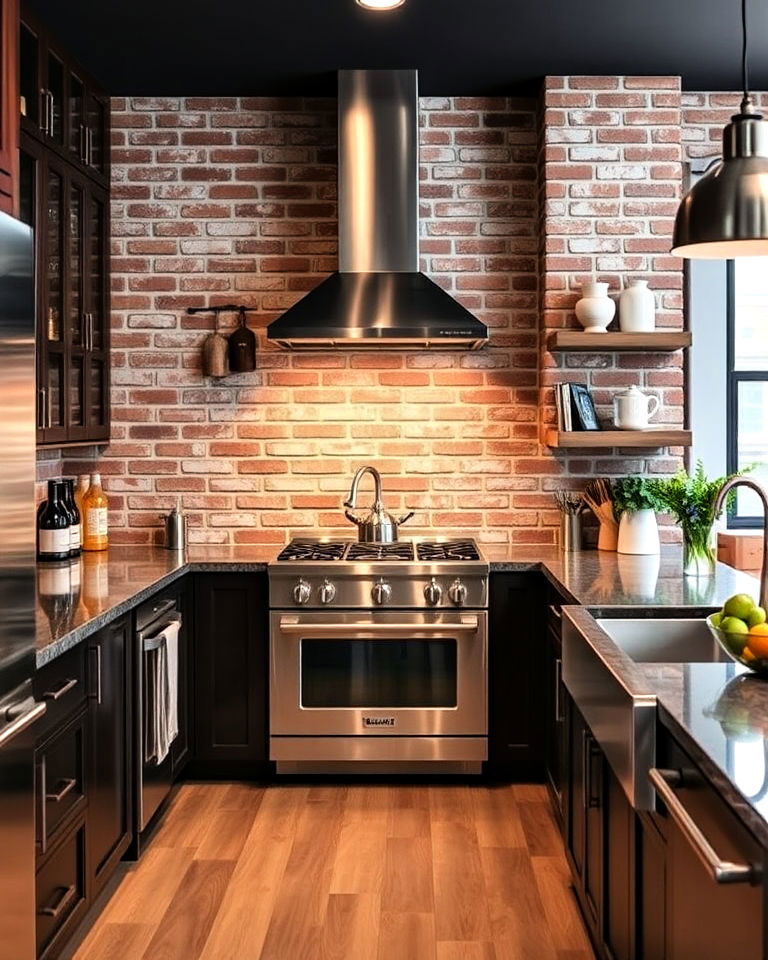 brick backsplash and stainless steel combination - 25 Kitchen With Brick Backsplash Ideas