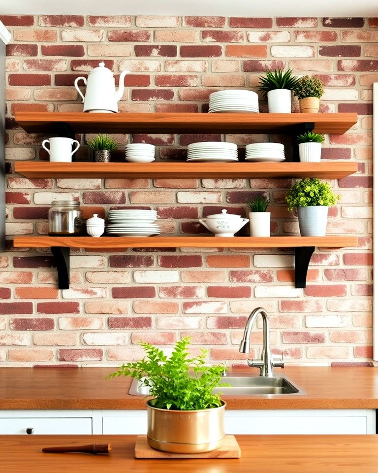 brick backsplash with open wooden shelves - 25 Kitchen With Brick Backsplash Ideas