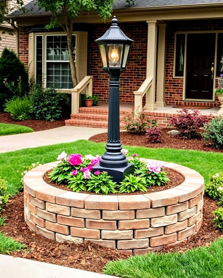 brick base around your lamp post - 15 Front Yard Lamp Post Landscaping Ideas