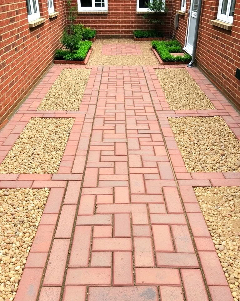brick courtyard with gravel insets - 15 Brick Courtyard Ideas