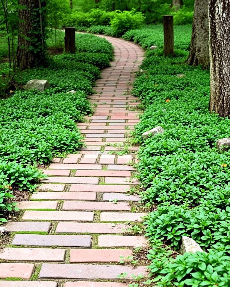 brick path with overgrown edges - 15 Woodland Garden Path Ideas