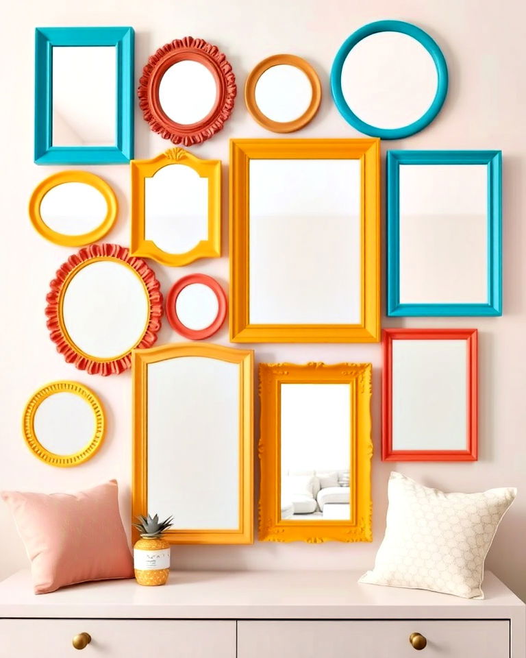 bright and bold frames for playful energy - 15 Mirror Collage Wall Ideas