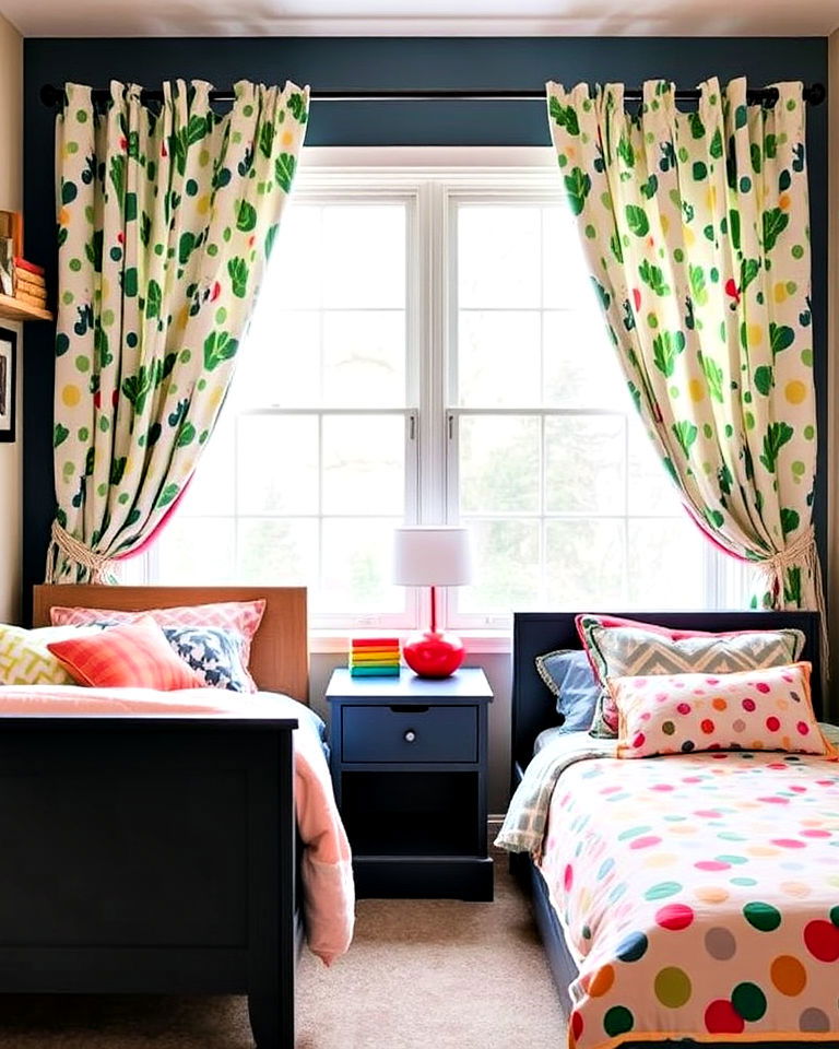 bright curtains for a cheerful kids room - 40 Shared Kids Room Design Ideas