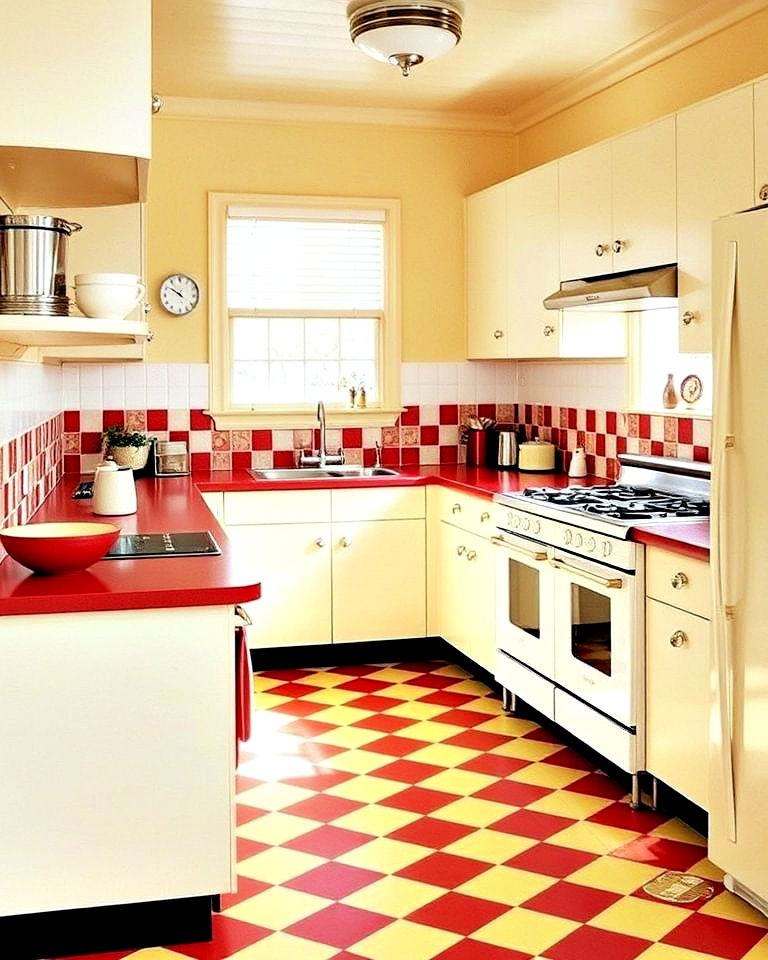 bright linoleum floors in 1960s kitchen - 15 1960s Kitchen Ideas