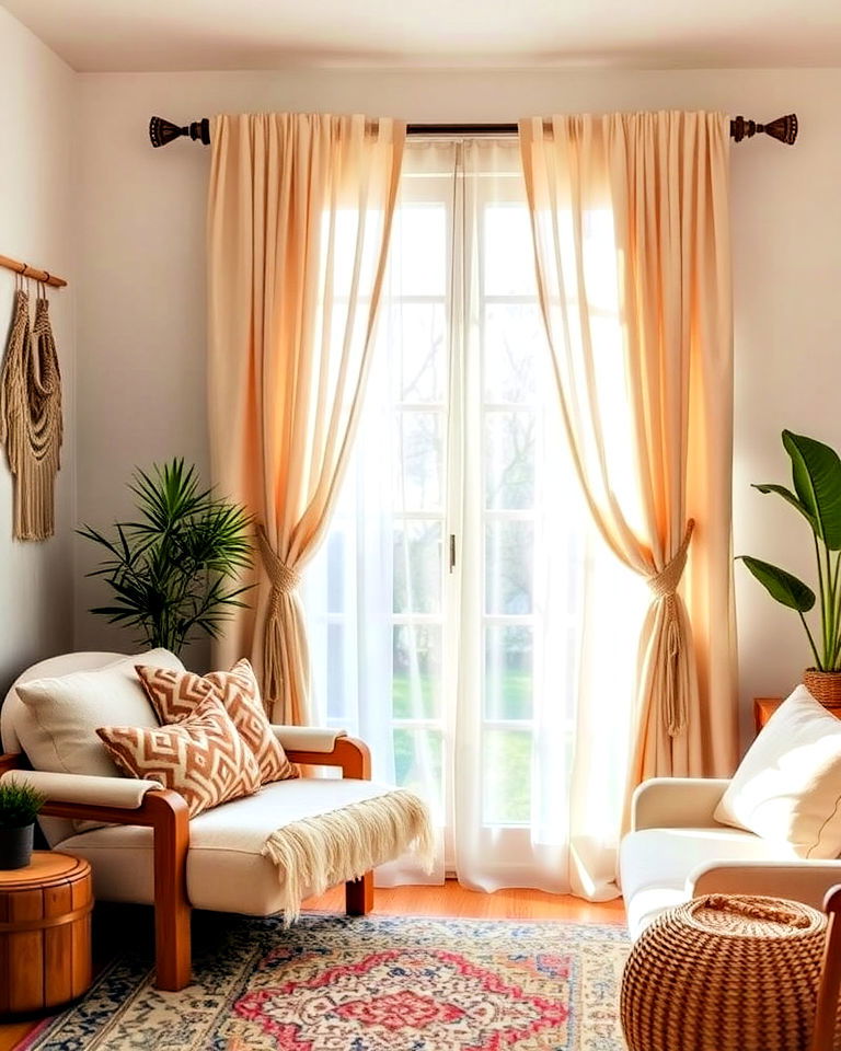 brighten the room with sheer curtains - 25 Rustic Boho Living Room Ideas