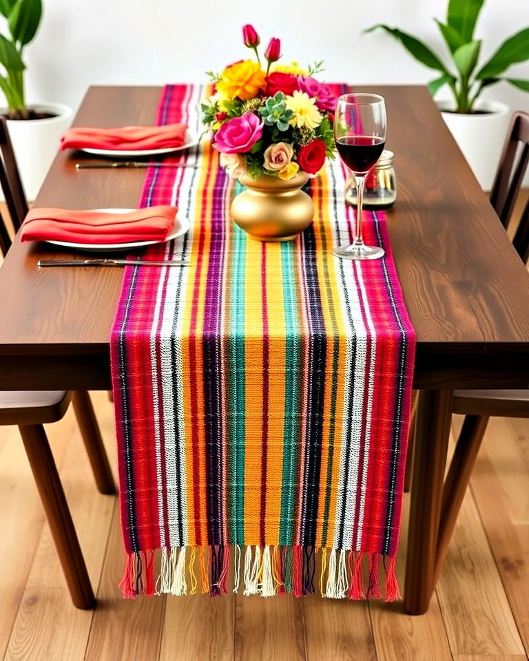 brightly colored serape table runners - 15 Mexican Table Decor Ideas