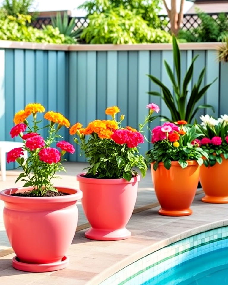brightly painted pool planters for a pop of color - 25 Pool Planter Ideas