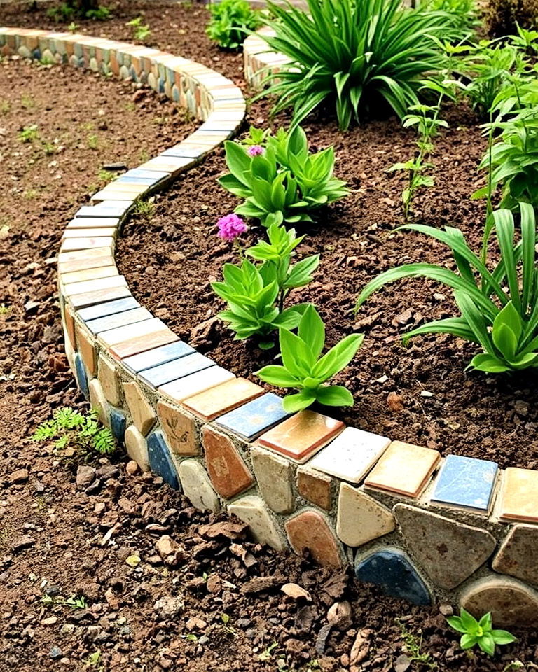 broken ceramic tiles garden edging - 15 Recycled Garden Edging Ideas