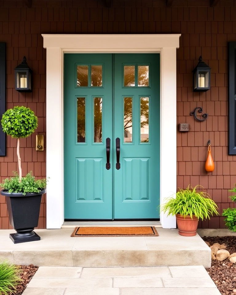 brown house with muted teal door - 15 Brown House Front Door Colors