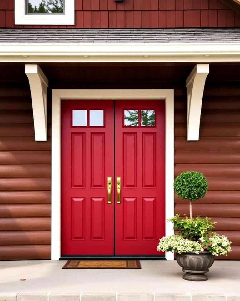 brown house with rustic red door - 15 Brown House Front Door Colors