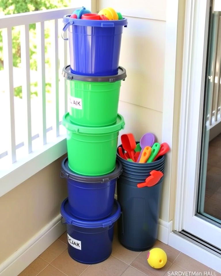 bucket storage towers to store outdoor toys - 25 Outdoor Toy Storage Ideas