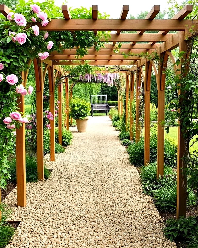 budget friendly pathway with pergola - 20 Pea Gravel Walkway Ideas
