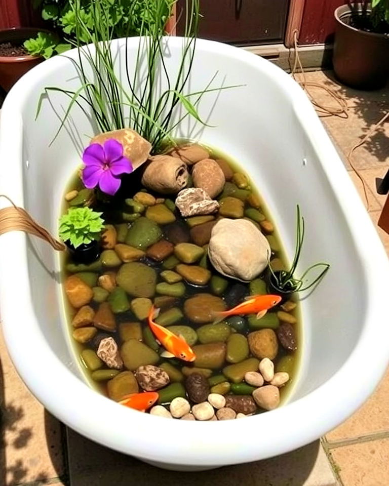budget friendly upcycled bathtub pond - 15 Container Fish Pond Ideas