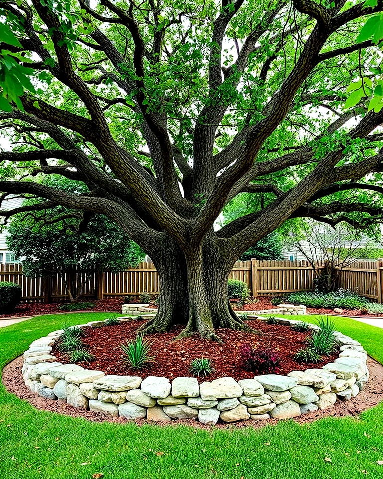 build a low stone wall around the base - 15 Oak Tree Landscaping Ideas