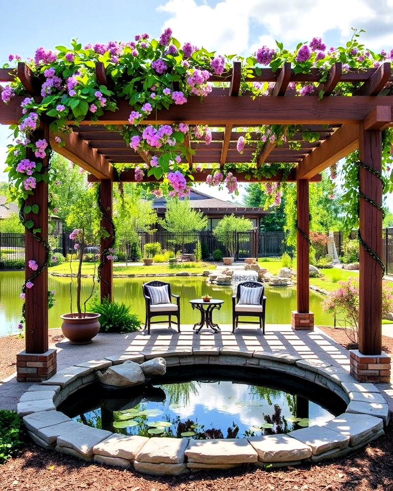 build a pergola overlooking the pond - 15 Large Pond Landscaping Ideas