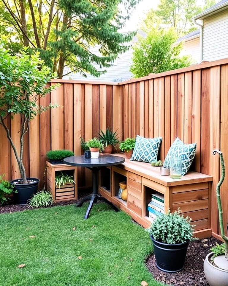 built in bench into board on board fence - 20 Board on Board Fence Ideas