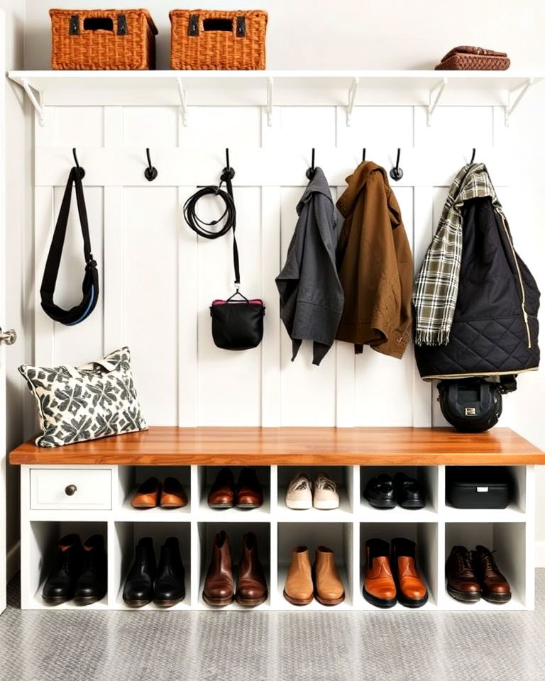 built in bench with storage for garage mudroom - 20 Garage Mudroom Ideas