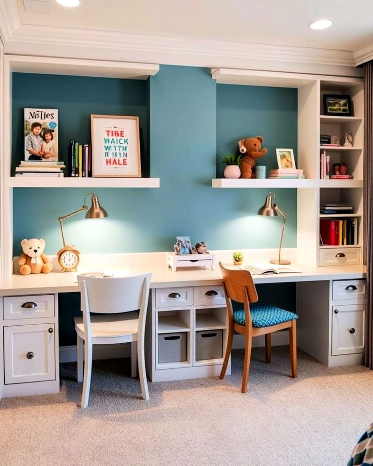 built in desks for study areas - 40 Shared Kids Room Design Ideas