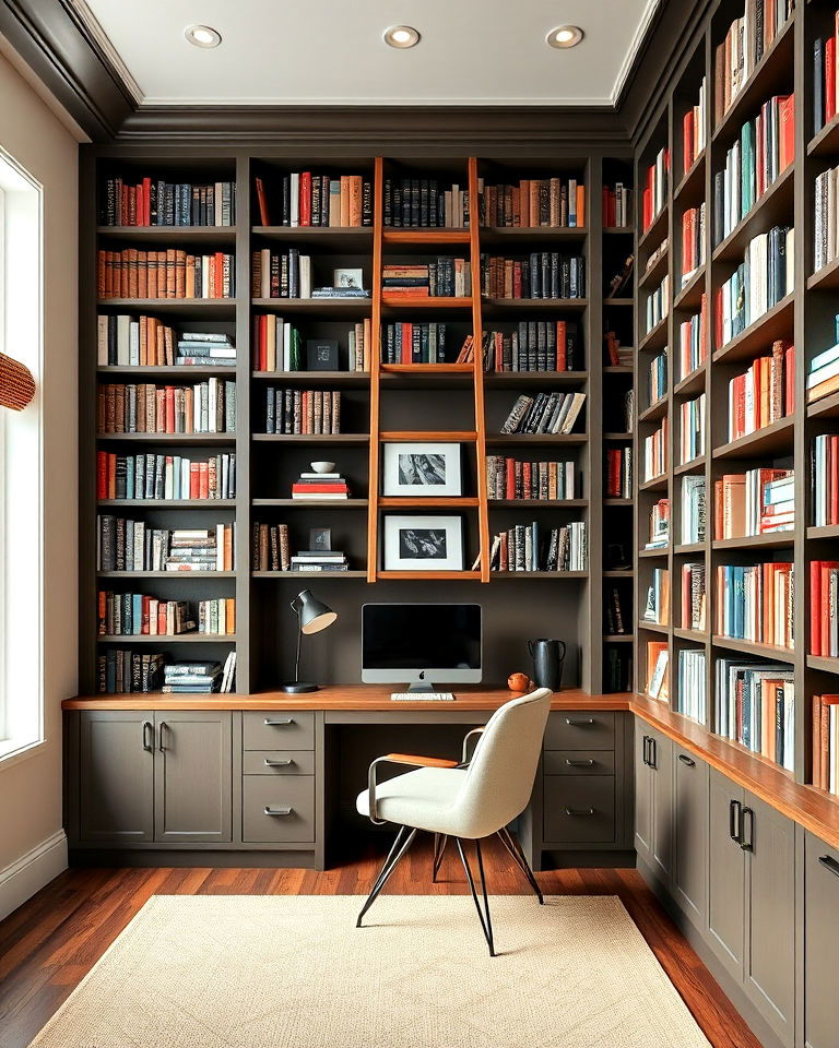 built in library ladder home office - 25 Home Office Library Ideas