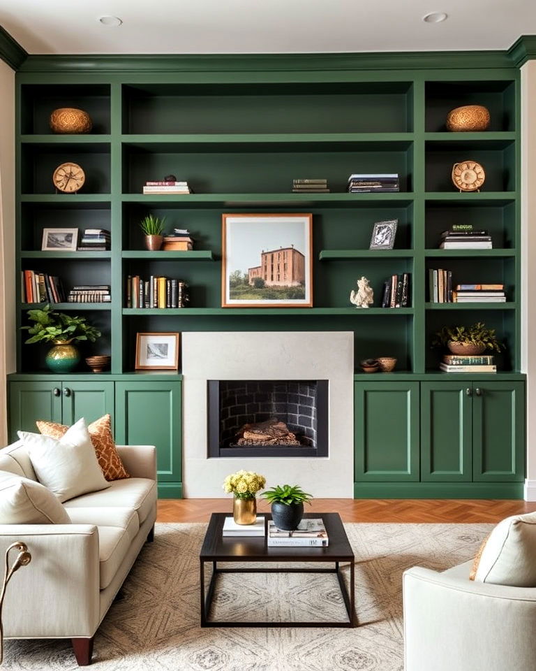 built in shelves in forest green living room - 25 Forest Green Living Room Ideas