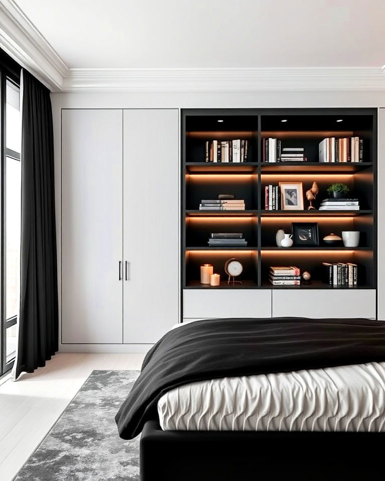 built in shelving in a black bedroom - 25 Luxury Black Bedroom Ideas