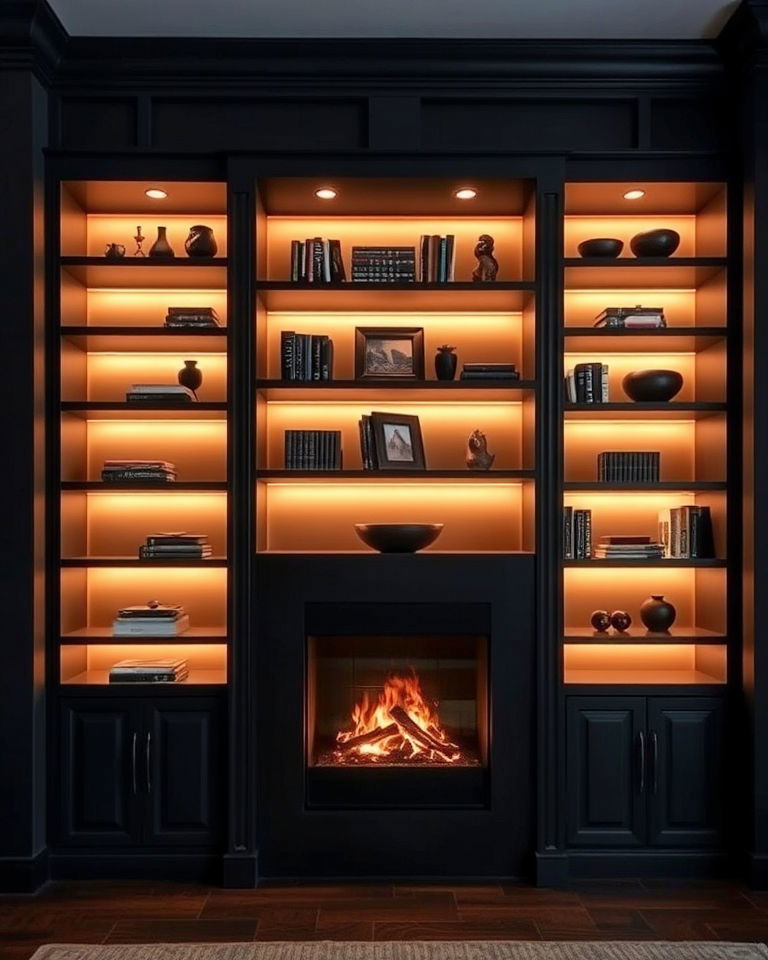 built in shelving with backlighting - 25 Moody Interior Design Ideas