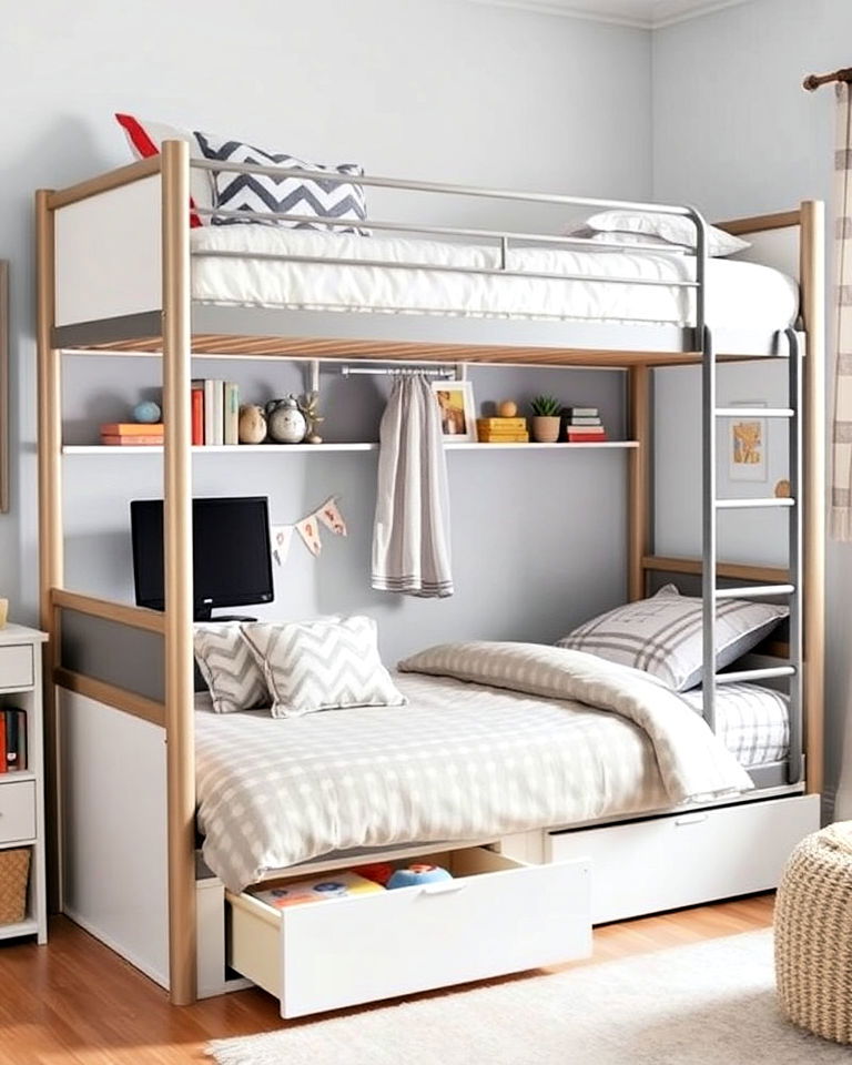 bunk bed in shared room for space efficiency - 40 Shared Kids Room Design Ideas