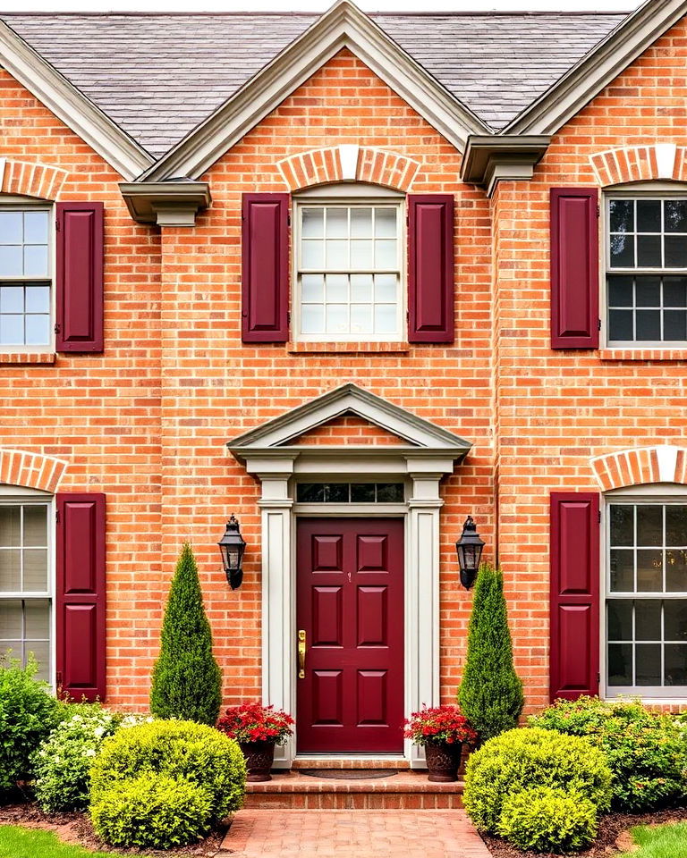 burgundy accents and gray trim - 25 Blonde Brick House Color Schemes