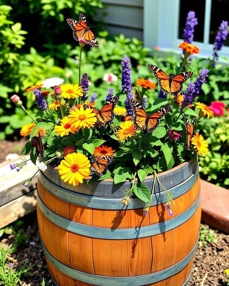 butterfly garden flowers in a wine barrel - 15 Wine Barrel Planter Ideas