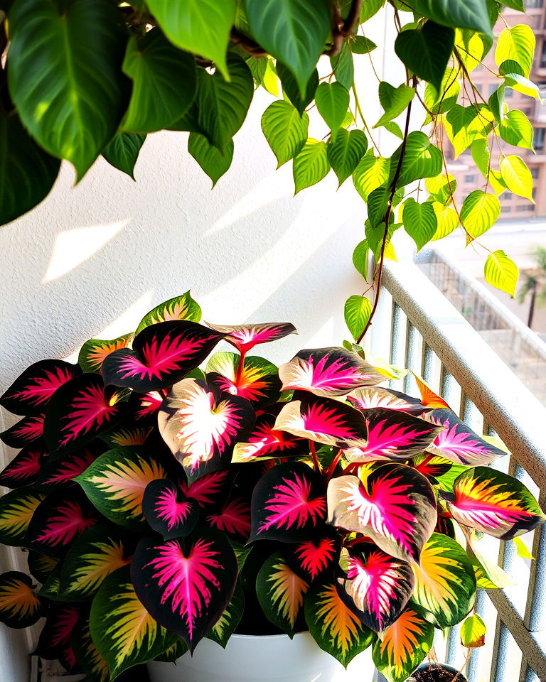 caladium heart shaped leaves adorned in vibrant patterns - 20 Best Balcony Plants