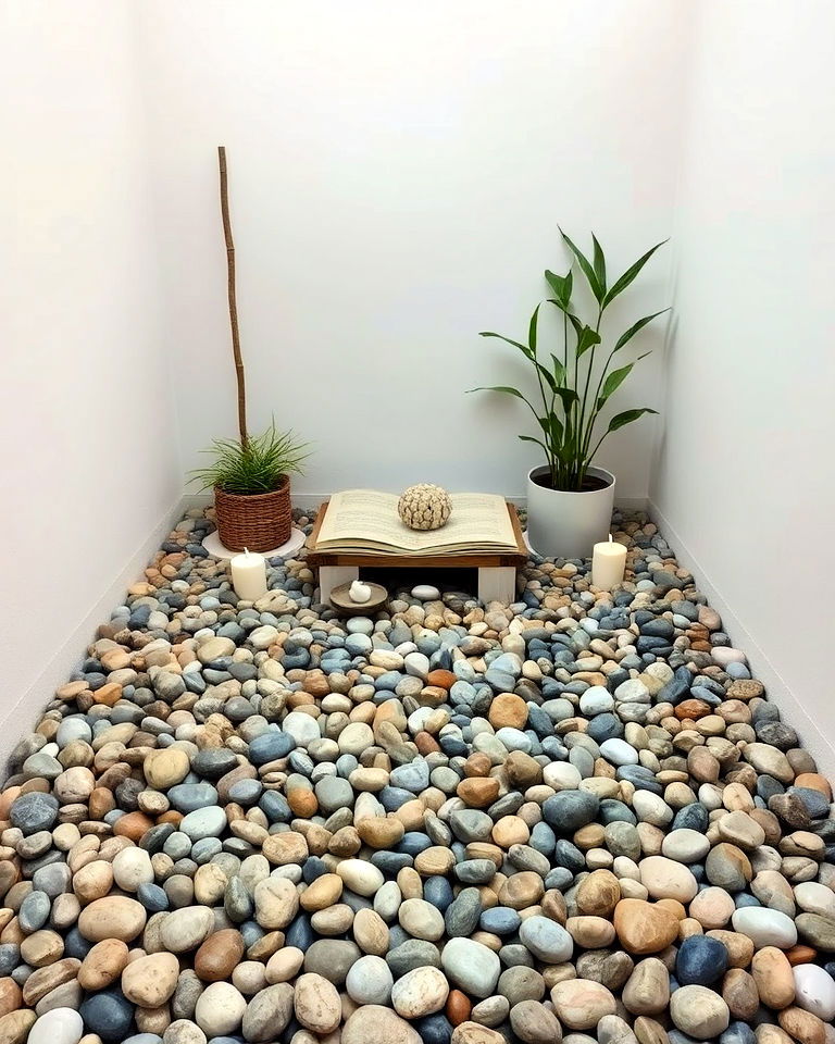 calming meditation corner with mexican beach pebbles - 15 Mexican Beach Pebbles Landscaping Ideas