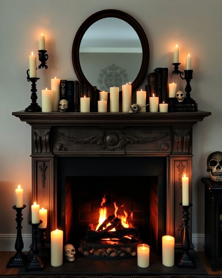 candle filled non functional fireplace - 15 Dark Academia Fireplace Ideas